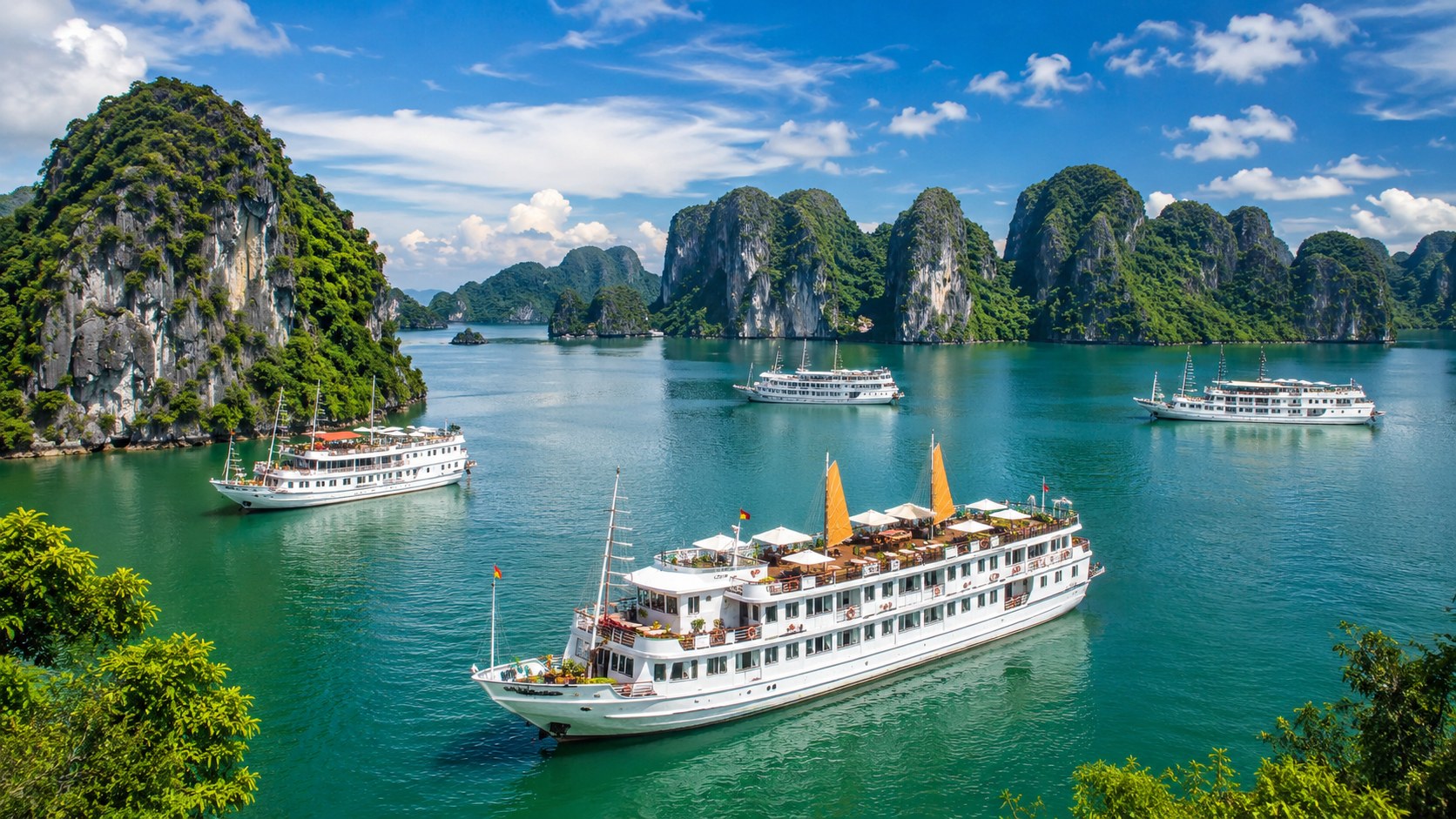 Sunset over limestone karsts in Lan Ha Bay